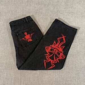 Y2K Embroidered Skull Wide Leg Denim Jeans